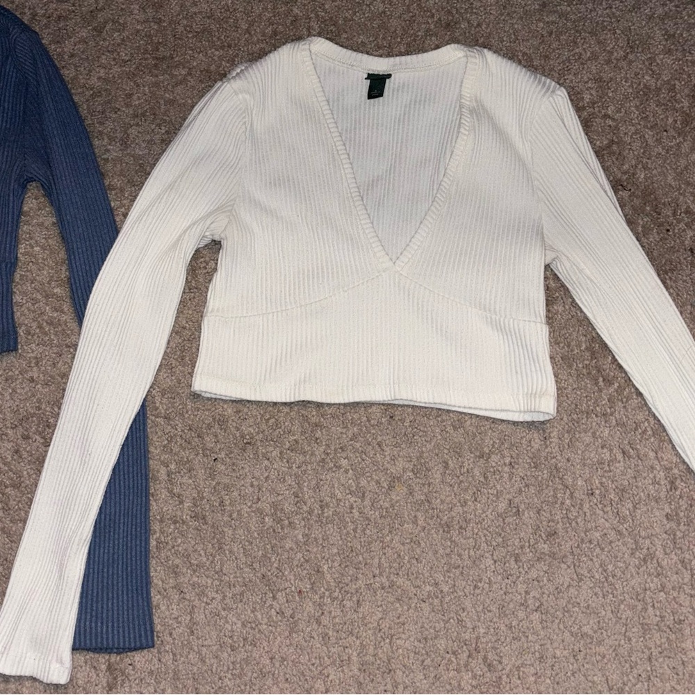 2 Ribbed Long Sleeve CropTop & High-Waist Flare Pants Sets- Blue & Cream - Picture 7 of 16